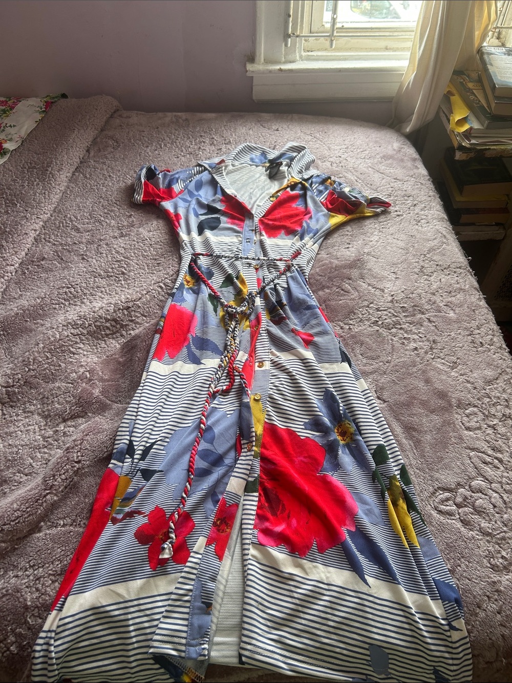Rainbow Floral Button-Front Maxi Dress in Red, Blue, Yellow